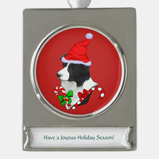 Border Collie Christmas Verzilverd Banner Ornament (Voorkant)