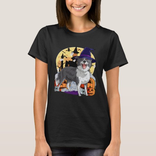 Border Collie Cute Dog Halloween Witch Pumpkin T-shirt (Voorkant)