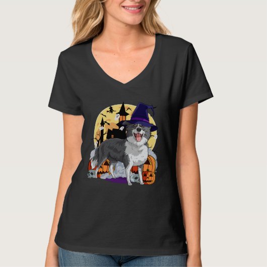 Border Collie Cute Dog Halloween Witch Pumpkin T-shirt (Voorkant)