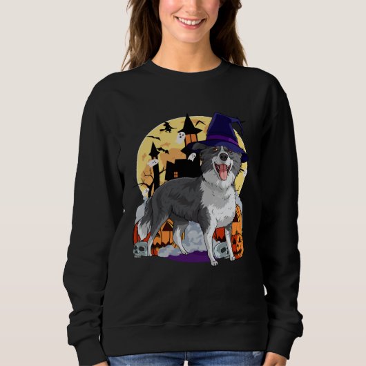 Border Collie Cute Dog Halloween Witch Pumpkin Trui (Voorkant)