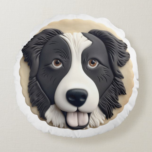 Border Collie Dog 3D geïnspireerd Rond Kussen (Voorkant)