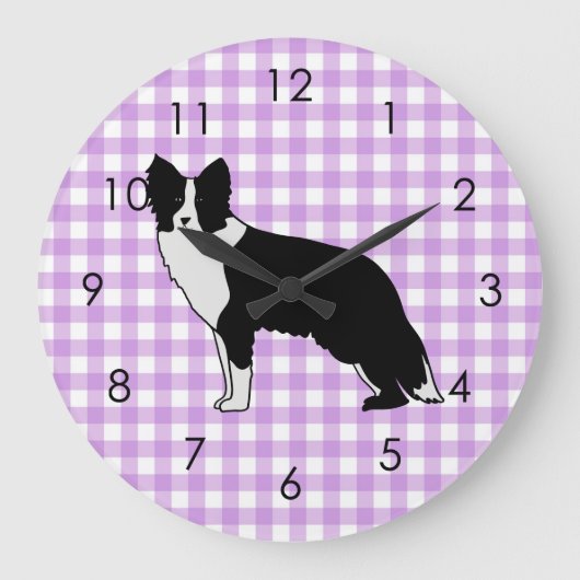 Border Collie Dog Abstracte Illustratie Gingham Grote Klok (Voorkant)