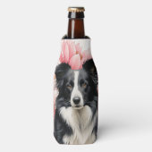 Border Collie Dog and Bold Pink Lilies Flesjeskoeler (Fles Voorkant)