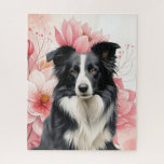 Border Collie Dog and Bold Pink Lilies Legpuzzel<br><div class="desc">Beautiful puzzle and artwork for the Border Collie dog lover, featuring a Border Collie sitting against a backdrop of big, bold pink lilies in a botanical dog lover image.</div>