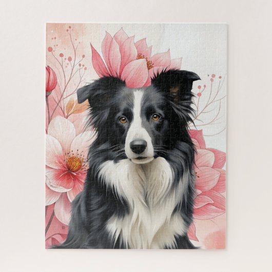 Border Collie Dog and Bold Pink Lilies Legpuzzel (Verticaal)