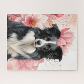 Border Collie Dog and Bold Pink Lilies Legpuzzel (Horizontaal)