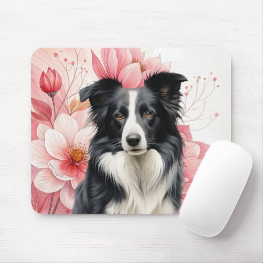 Border Collie Dog and Bold Pink Lilies Muismat (Met muis)