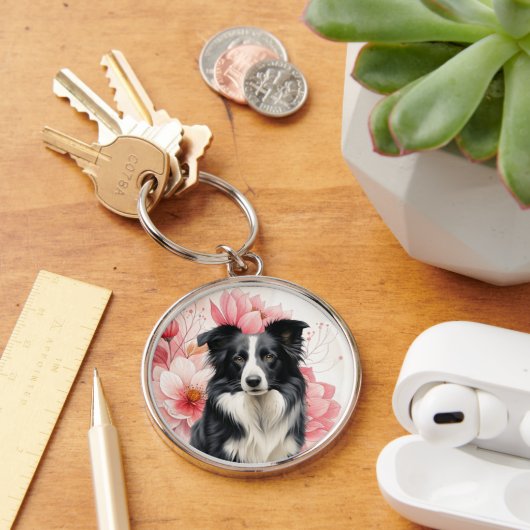 Border Collie Dog and Bold Pink Lilies Sleutelhanger (Bureau)