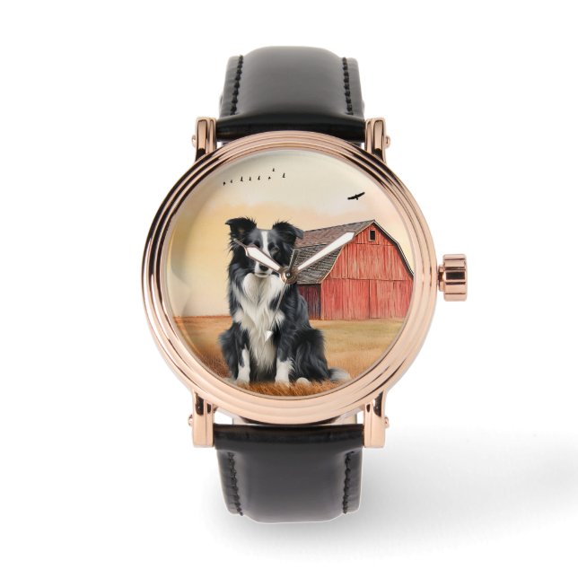 Border Collie Dog and Red Barn Ranch Horloge (Voorkant)