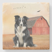 Border Collie Dog and Red Barn Ranch Stenen Onderzetter (Voorkant)
