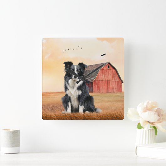 Border Collie Dog and Red Barn Ranch Vierkante Klok (Huis)