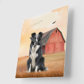 Border Collie Dog and Red Barn Ranch Vierkante Klok (Hoek)