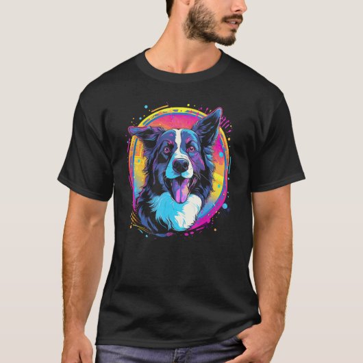 Border Collie Dog Australian Shepherd 80s Retrowav T-shirt (Voorkant)