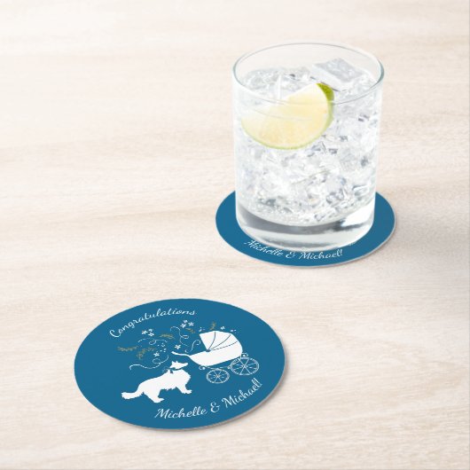 Border Collie Dog Baby shower Puppy Blue Boy Ronde Kartonnen Onderzetter (Insitu)