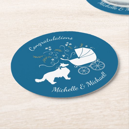 Border Collie Dog Baby shower Puppy Blue Boy Ronde Kartonnen Onderzetter (Gebogen)