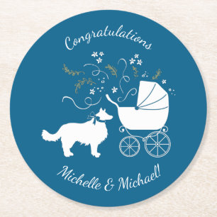 Border Collie Dog Baby shower Puppy Blue Boy Ronde Kartonnen Onderzetter