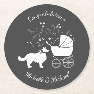 Border Collie Dog Baby shower Puppy Grey Ronde Kartonnen Onderzetter
