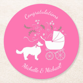 Border Collie Dog Baby shower Puppy Pink Girl Ronde Kartonnen Onderzetter