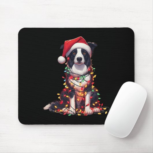 Border Collie Dog Christmas Lights Santa Hat Dog L Muismat (Met muis)