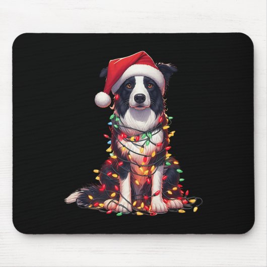 Border Collie Dog Christmas Lights Santa Hat Dog L Muismat (Voorkant)