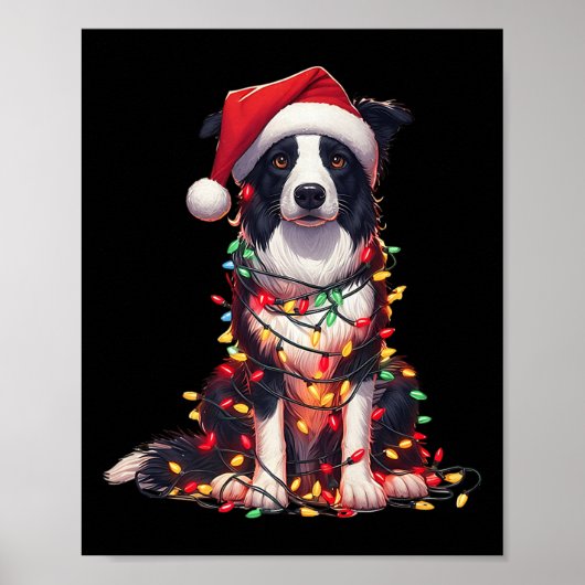 Border Collie Dog Christmas Lights Santa Hat Dog L Poster (Voorkant)