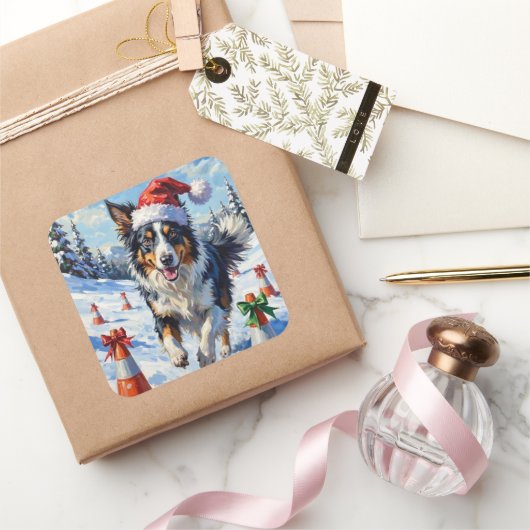 Border Collie Dog Christmas Snow Agility Fun Vierkante Sticker (Geschenken)