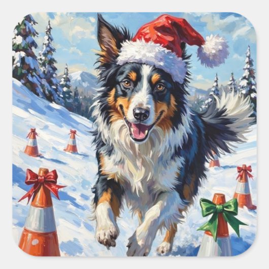 Border Collie Dog Christmas Snow Agility Fun Vierkante Sticker (Voorkant)