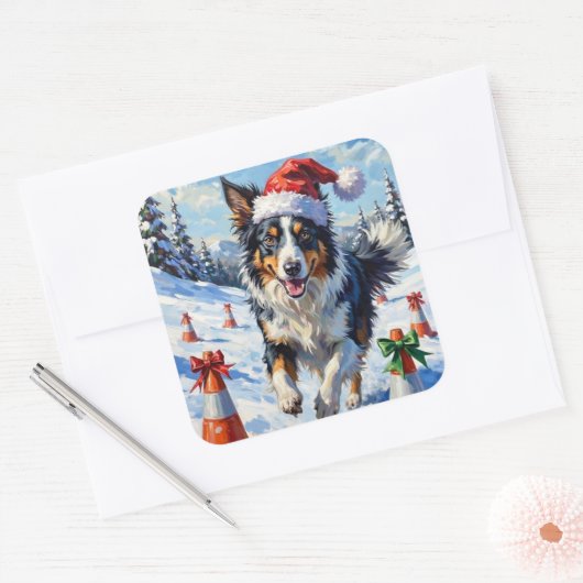 Border Collie Dog Christmas Snow Agility Fun Vierkante Sticker (Envelop)