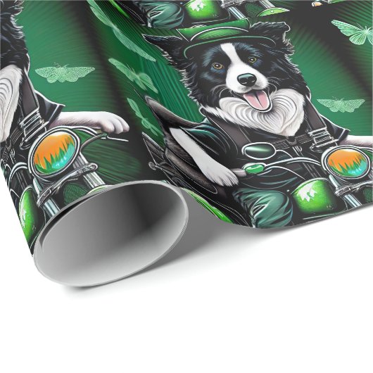 Border Collie Dog Driving Bike St. Patrick's Day Cadeaupapier (Rol Hoek)
