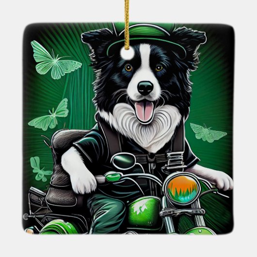 Border Collie Dog Driving Bike St. Patrick's Day Keramisch Ornament (Achterkant)