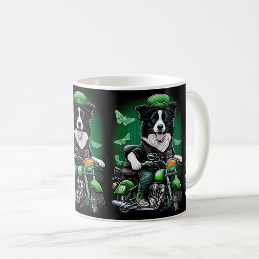 Border Collie Dog Driving Bike St. Patrick's Day Koffiemok (Voorkant rechts)