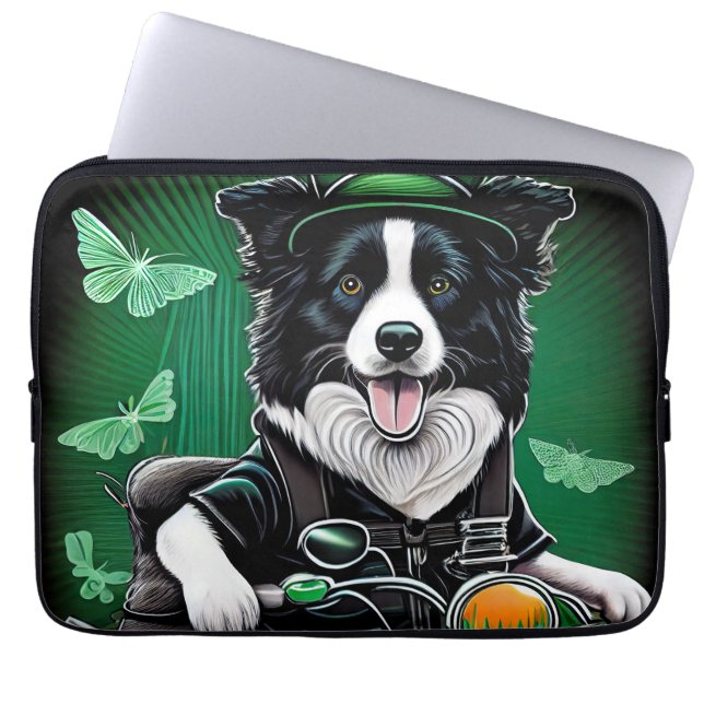 Border Collie Dog Driving Bike St. Patrick's Day Laptop Sleeve (Voorkant)
