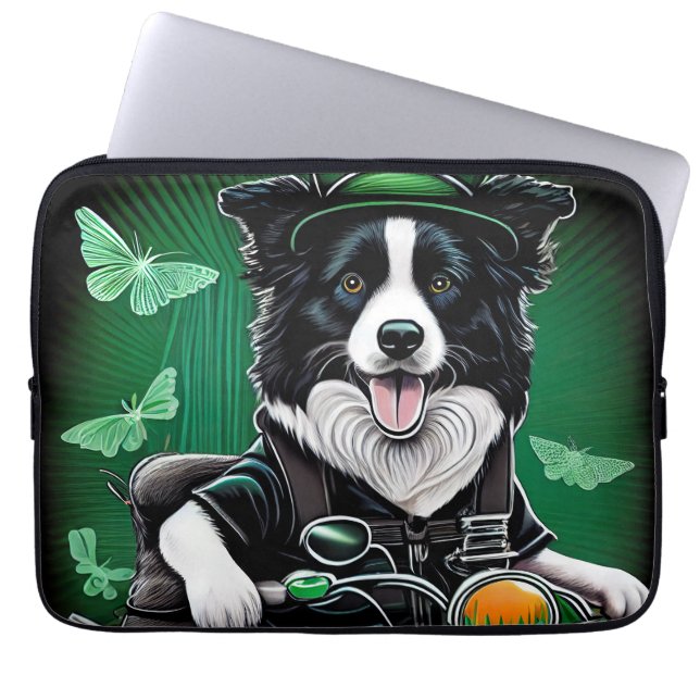 Border Collie Dog Driving Bike St. Patrick's Day Laptop Sleeve (Voorkant)