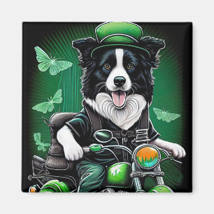 Border Collie Dog Driving Bike St. Patrick's Day Magneet