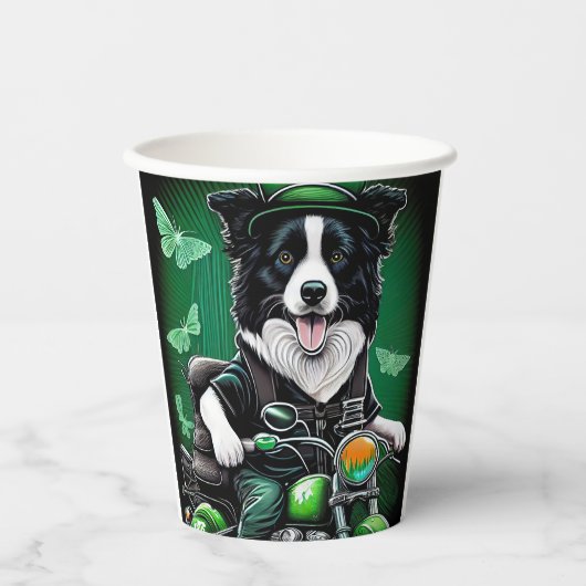 Border Collie Dog Driving Bike St. Patrick's Day Papieren Bekers (Voorkant)