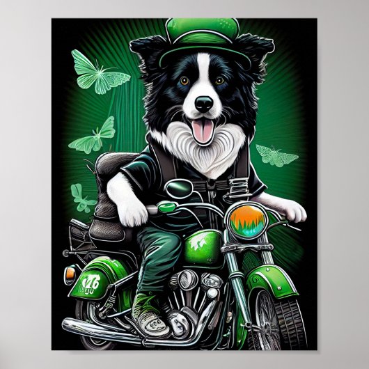 Border Collie Dog Driving Bike St. Patrick's Day Poster (Voorkant)