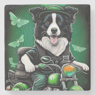 Border Collie Dog Driving Bike St. Patrick's Day Stenen Onderzetter