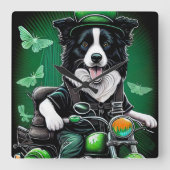 Border Collie Dog Driving Bike St. Patrick's Day Vierkante Klok (Voorkant)
