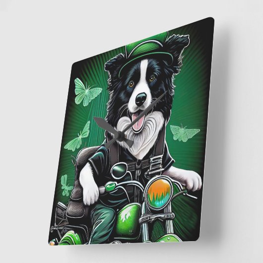 Border Collie Dog Driving Bike St. Patrick's Day Vierkante Klok (Hoek)