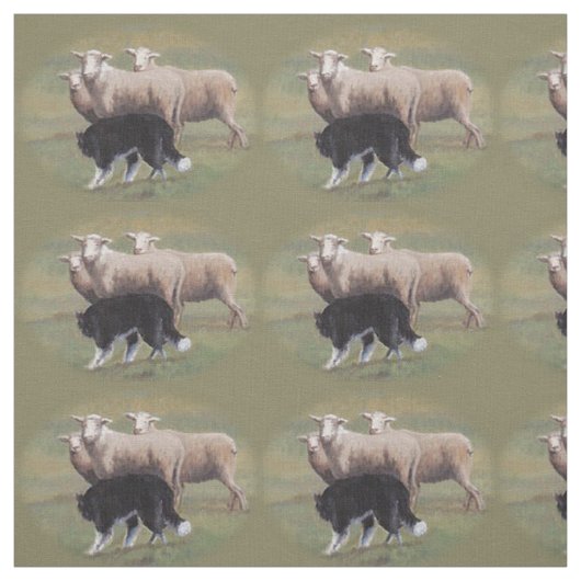 Border Collie Dog Herding Sheep Fabric Stof (Swatch)