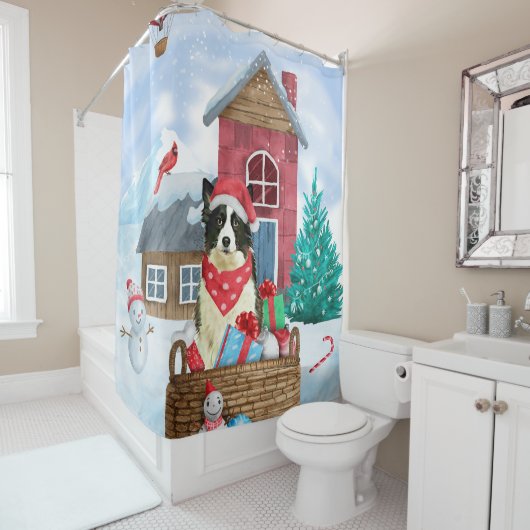 Border Collie Dog in sneeuwkerstmis Douchegordijn (In situ)