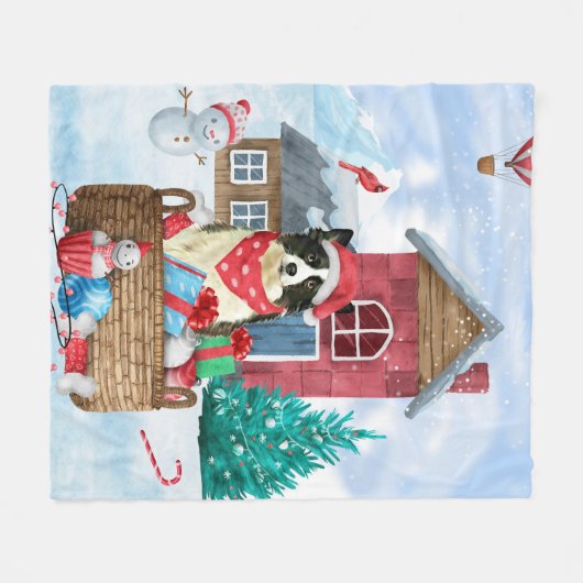 Border Collie Dog in sneeuwkerstmis Fleece Deken (Voorkant (Horizontaal))