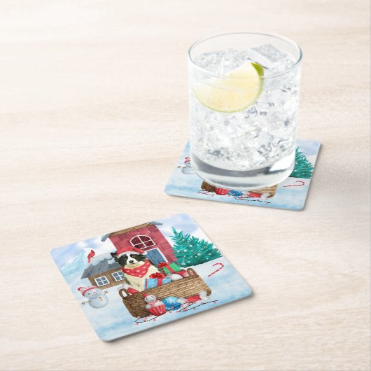 Border Collie Dog in sneeuwkerstmis Kartonnen Onderzetters (Insitu)