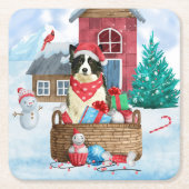 Border Collie Dog in sneeuwkerstmis Kartonnen Onderzetters (Voorkant)