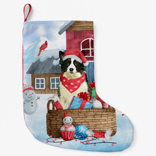 Border Collie Dog in sneeuwkerstmis Kleine Kerstsok (Voorkant)