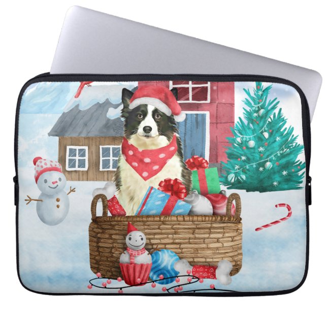 Border Collie Dog in sneeuwkerstmis Laptop Sleeve (Voorkant)