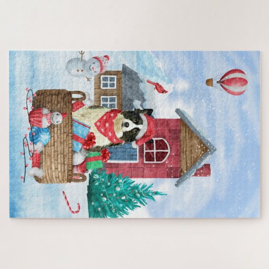 Border Collie Dog in sneeuwkerstmis Legpuzzel (Horizontaal)