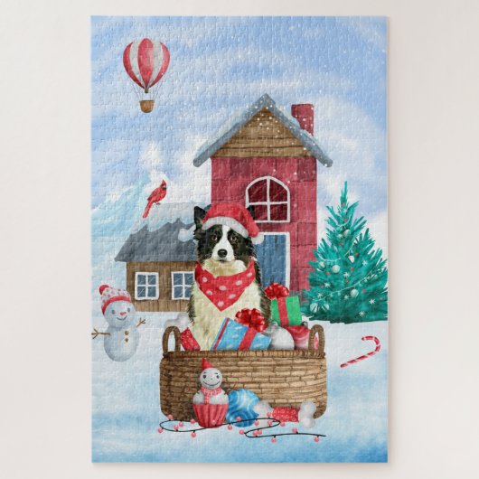 Border Collie Dog in sneeuwkerstmis Legpuzzel (Verticaal)