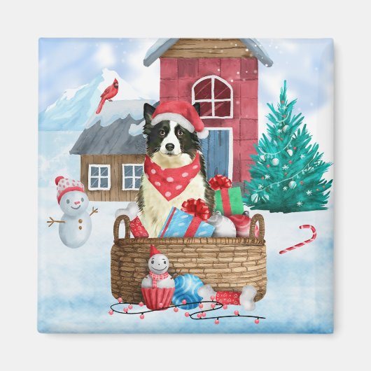 Border Collie Dog in sneeuwkerstmis Magneet (Voorkant)