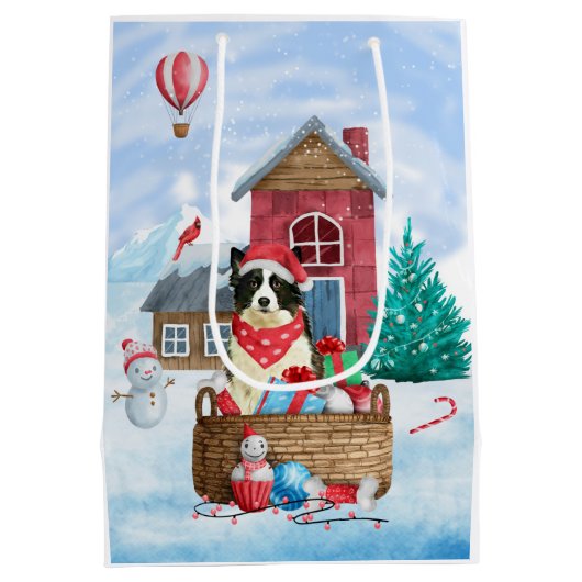 Border Collie Dog in sneeuwkerstmis Medium Cadeauzakje (Achterkant)